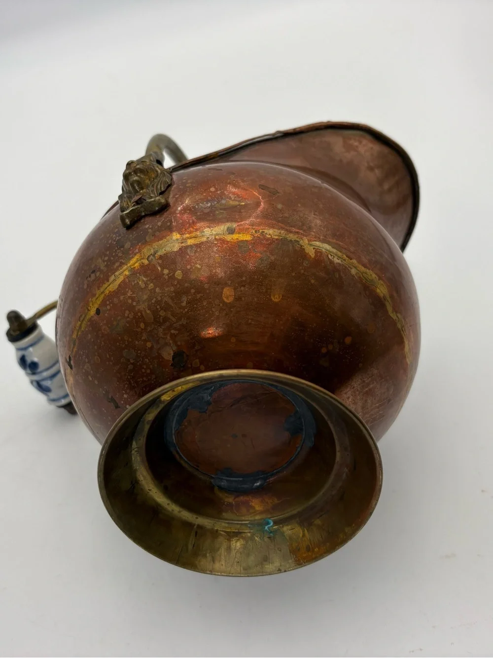 Vintage Copper Coal Scuttle with Brass and Blue and White Porcelain Handle